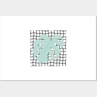 Monstera Deliciosa Leaf on Grid - Pastel teal green Posters and Art